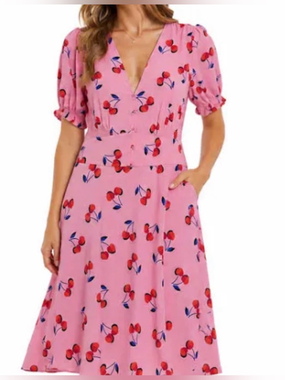 kate spade Cherry Toss Pink Cherry Print V-Neck Flowy Dress NWT